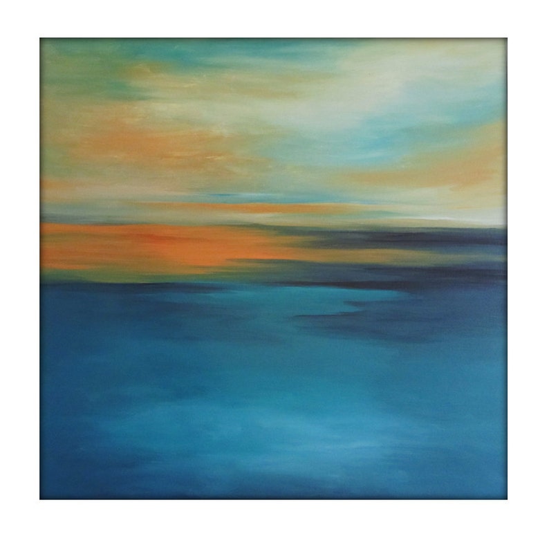 May include: Abstract painting with a blue, green, and orange color scheme. The painting depicts a landscape with a horizon line and a sky with clouds.
