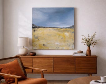 Large Neutral Abstract Wall Art 36x36 | Modern Landscape Painting | Textured Yellow Field Art | Minimalist Canvas for Living Room Decor