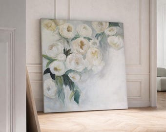 Large Abstract Original Flower Painting on Canvas Modern Acrylic Painting - 36x36 -White, Yellow, Cream