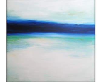 Large Abstract Painting on Canvas Modern Acrylic Skyline- 40x40- Blues, White, Greens, and more