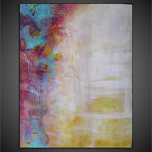 Original Abstract Mixed Media Acrylic Modern Painting on Canvas - 24x36 Pinks, Blues, Whites, Yellows