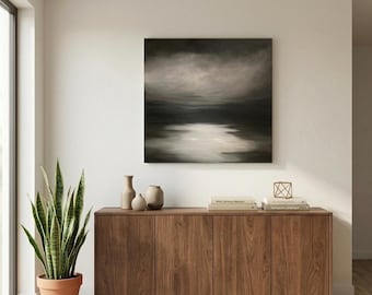 Large Abstract Landscape 36x36 Painting | Neutral Black White Canvas Art