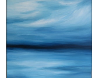 Large Abstract Painting on Canvas Modern Acrylic Skyline- 36x36- Blues, Blue-Green, White