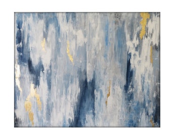 Large Abstract Painting on Canvas – Blue, Gray, Gold Leaf (48x60)