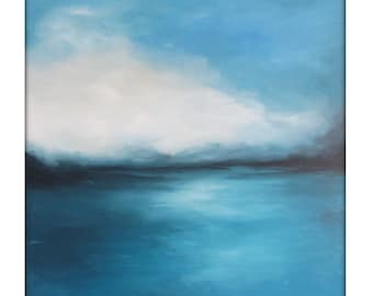 Large Abstract Painting on Canvas Modern Acrylic Skyline- 36x36- Blues, blue-Greens, Whites and more
