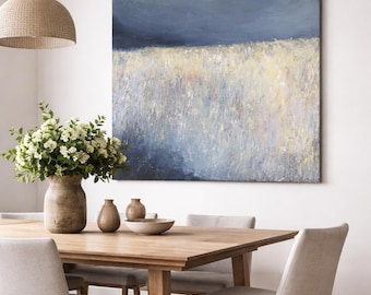 Large Abstract Painting 48x48, Blue Yellow Wall Art, Minimalist Canvas Art