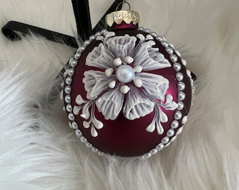 Deep red 3” Christmas ornament , red Christmas bulb, white mud, pearls added Christmas ornament, glass Christmas ornament