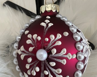 Christmas ornament , Christmas bulb,deep red,Christmas bulb, lovely pearls, lovely ornament with white bling, 4" in size, mudded bulb