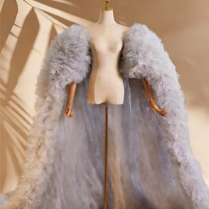 Grey Feather Bridal Cape, Dramatic Wedding Wrap with Train, Couture Shawl