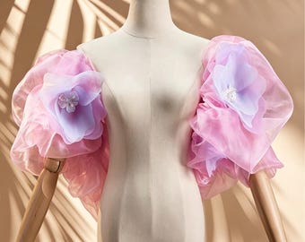 Blush Pink Organza Shoulder Wrap, Floral Bridal Capelet, Puff Sleeve Wedding Accessory, Romantic Fairytale Shawl