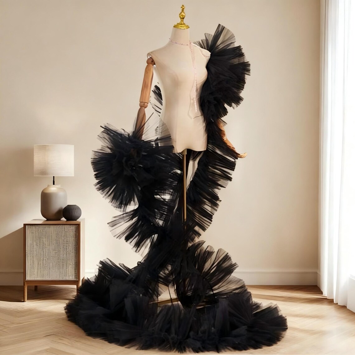 Tulga Robe Black Tulle Couture Robe – Ruffle Organza Editorial Gown - Etsy
