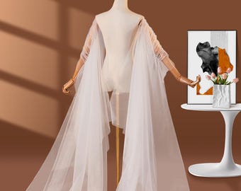 Sheer Puff Sleeve Bridal Cape | Transparent Long Train Wedding Wrap | Minimalist Ethereal Veil Cape