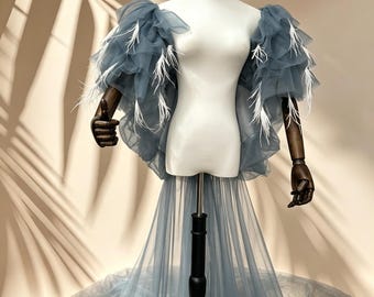 Blue Feather Tulle Cape – Long Sheer Photoshoot Shawl with Feathered Sleeves