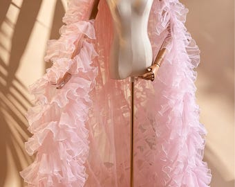 Blush Pink Ruffle Tulle Overskirt, Detachable Wedding Train, Fairycore Bridal Overlay