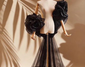 Black Organza Floral Sleeve Cape – 3D Sculpted Rosette Shawl with Sheer Train