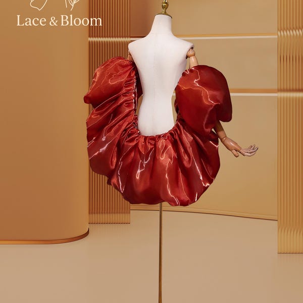 Metallic Caramel Organza Skirt | Puff Sleeve Couture Piece | Dramatic Fashion Wrap for Editorial Shoots