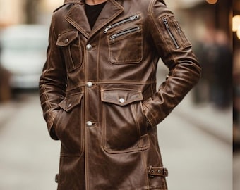 Men's Brown Genuine Leather Trench Coat – Multi-Pocket Urban Style with Zippers & Epaulets