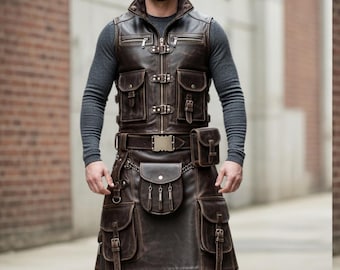 Handmade Brown Leather Utility Kilt and Vest Set – Steampunk Tactical Outfit