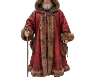 Rustic Santa Claus Hooded Leather Coat - Viking Santa Costume - Christmas Fur Cloak for Men