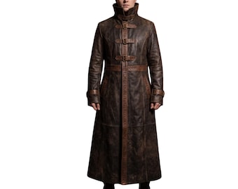 Men's Distressed Leather Trench Coat, Gothic Vintage Long Winter Outerwear