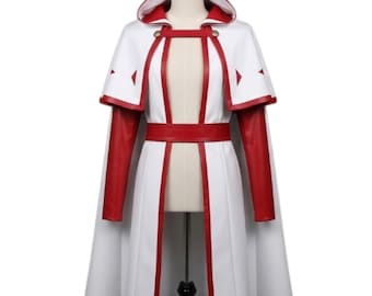 White Mage Hooded Cloak, Red Faux Leather Trim, Cosplay Cape, Halloween Costume