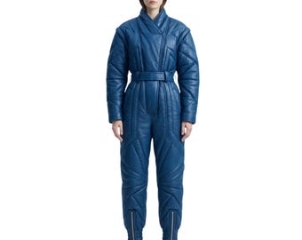 Quilted Blue Genuine Leather Jumpsuit - Standout Streetwear Moto Style