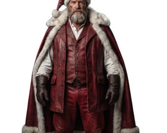 Genuine Leather Santa Claus Costume Set, Fur Trimmed Cloak, Hat, Jacket, Vest, Pants