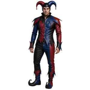 Men's Medieval Jester Costume Set | Red Blue Black Harlequin Fool Outfit | Halloween Jacket + Pants