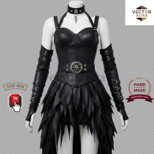 Gothic Black Leather Corset Dress with Arm Warmers-Steampunk Leather Corset Dress with Buckle Details-lack Feathered Skirt Dress with Choker