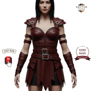 Burgundy Leather Warrior Armor-Handmade Medieval Leather Set-Cosplay Heroine Armor Outfit-Gothic Leather Battle Costume-Custom LARP Leather