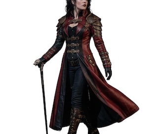 Gothic Red & Black Leather Long Coat Costume | Medieval Warrior Cosplay Coat | Fantasy Armor Jacket