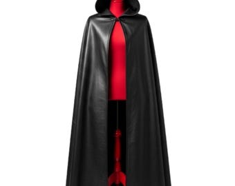 Black Genuine Leather Hooded Cloak – Medieval Gothic Fantasy Cape for LARP, Halloween