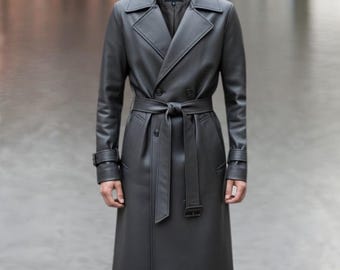 Handmade Gray Leather Trench Coat - Double Breasted Belted Overcoat