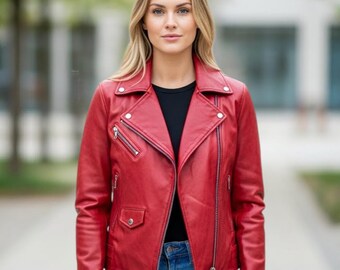 Bright Red Genuine Leather Jacket – Handmade Urban Streetwear with Silver Zippers & Buttons