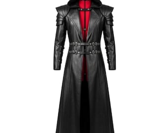 Genuine Leather Hooded Cloak, Gothic Trench Style, Armored Shoulders, Cosplay Outerwear