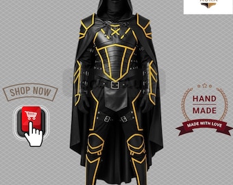 Gothic Warrior Cosplay Suit with Cloak - Handmade Medieval Battlewear -Black & Red Fantasy Armor Set
