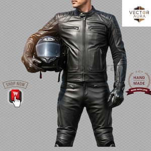 Men’s Black Leather Motorcycle Suit-Full Riding Gear Set-Genuine Leather Biker Outfit-Jacket Pants Gloves-Full Body Moto Suit