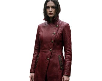 Handmade Burgundy Leather Long Coat – Celtic Embossed High Collar Winter Jacket