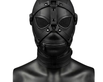 Handcrafted Genuine Leather Zipper Mouth Hood Mask with Mesh Eyes, Full Head Alternative Cosplay Gear