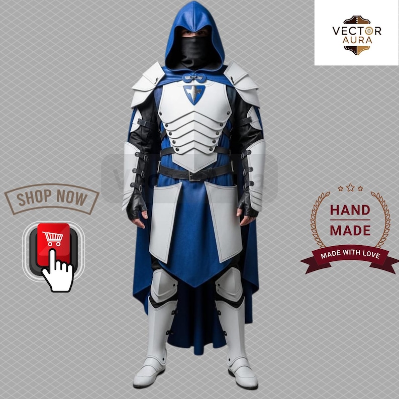 Puede incluir: Un disfraz medieval hecho a mano, azul y blanco. El disfraz incluye una capucha, piezas de armadura para el pecho y los hombros, y una capa larga. El disfraz incluye un cintur&oacute;n, guantes y botas. La imagen incluye un bot&oacute;n "Shop Now".