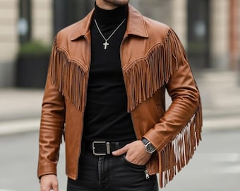Handmade Brown Leather Fringe Jacket – Western Style with Chest, Back & Sleeve Tassels