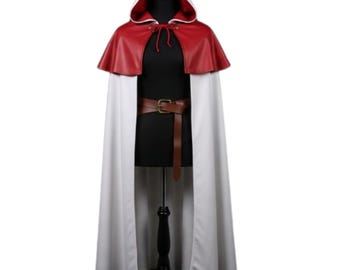 White Hooded Cloak with Red Shoulder Cape Medieval Fantasy Cloak Long Cosplay Cape Renaissance Costume Unisex