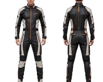 Men's Faux Leather Motorcycle Jumpsuit – Black, Grey, Orange Zip Biker Costume-Moto Riding Cosplay Costume with Multi Zip Pockets