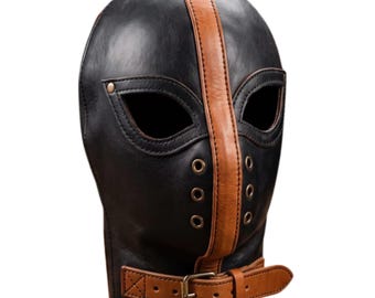 Black Tan Leather Hood Mask, Genuine Handmade Cosplay Prop, Adjustable Buckle Strap