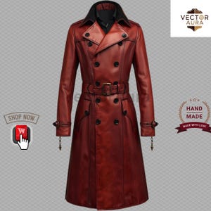 Red Leather Trench Coat-Gothic Cosplay Jacket with Chains  Buckles- Double Breasted Steampunk Outerwear-Cosplay Trench with Chains Buckles
