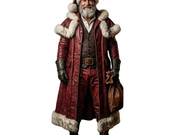 Leather Santa Costume Set, Genuine Fur Trim Coat, Holiday Cosplay Outfit