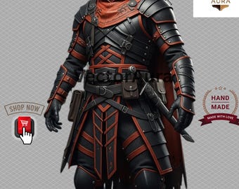 Shadowblade Knight Armor-Black Red Medieval Cosplay Set-Dark Rogue Warrior Costume-Hooded  Leather Armor with Cape