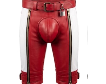 Red White Genuine Leather Biker Shorts – Handmade Fashion Streetwear Zippers