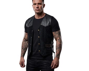 Men's Studded Suede Leather Vest - Classic Black Biker Outerwear & Western Club Waistcoat