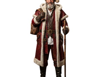 Leather Santa Costume Set, Handmade Fur Trim Coat, Holiday Cosplay Outfit